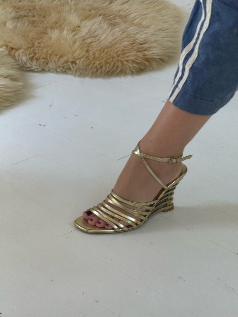Y2K "LV" gold metallic space age wedge heels with ankle straps